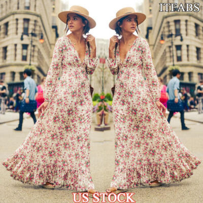 

Womens Ladies Boho Long Maxi Dress Evening Party Beach Bodycon Dresses Sundress