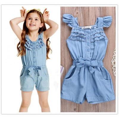 

Toddler Kids Girl Cotton Washed Jeans Denim Casual Bow jumpsuit Romper Quoted