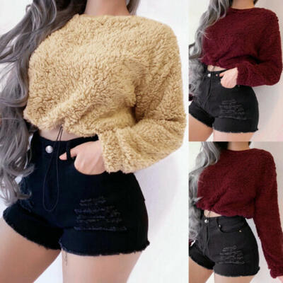 

AU Women Teddy Bear Fluffy Long Sleeve T Shirt Sweater Jumper Pullover Crop Tops