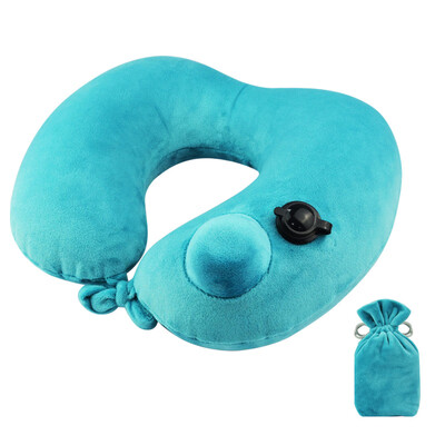 

WELLHOUSE love inflatable pillow press U-shaped pillow travel pillow removable&washable velvet material B blue green