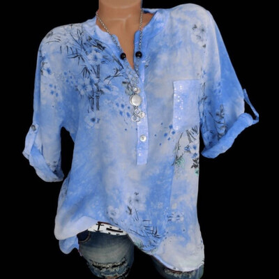 

Roseonmyhand Women Fashion Summer Casual Loose New Long Sleeve Printed Button Shirt