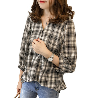 

Ladies Plaid Loose T Shirt Women V-Neck Print Three Quarter Lantern Sleeve T-shirt Female casual t shirt