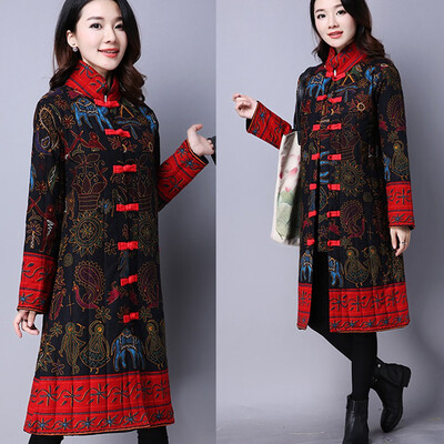 

Toponeto Women Winter Warm Cotton Linen Ethnic Print Buttons Pockets Long Coat Outwear