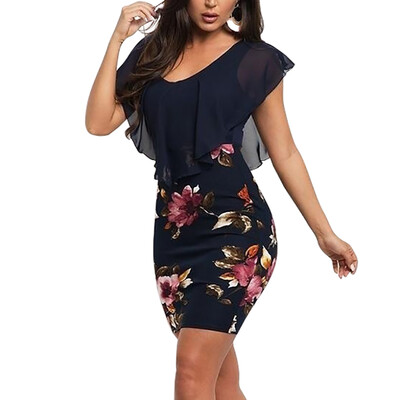 

New Fake Two-piece Floral Print Slim Dress Ruffled High Waist Bag Hip Dress Woman