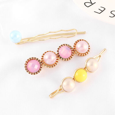 

3pcs KoreaWomen Metal Hairpins Imitation Pearl Colorful Beads Hair Clips Irregular Geometric Hair Styling Accessories