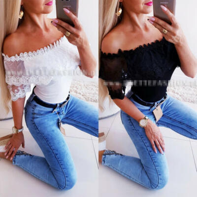 

NEW Women Off Shoulder Slim Fit Short Sleeve Lace Tops T-Shirt Casual Blouse Tee