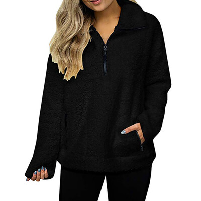 

Roseonmyhand Women Sweatshirt Coat Winter Warm Wool Zipper Pockets Cotton Coat Outwear