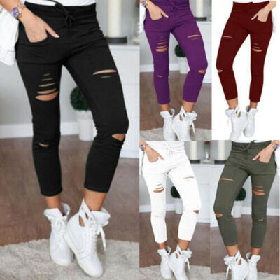 

Women Ripped Jeans Denim Pencil Pants High Waist Stretch Long Trousers Jeggings