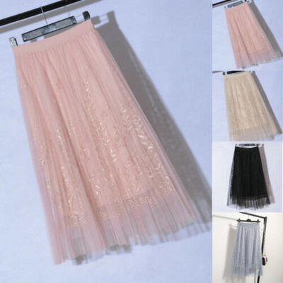 

New 3 Layers Tulle Tutu Women Pleated Midi Skirt High Waist Petticoat Underskirt