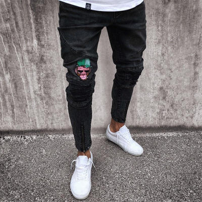

Mens Stretchy Jeans Ripped Skinny Biker Jeans Destroyed Taped Slim Denim Pant