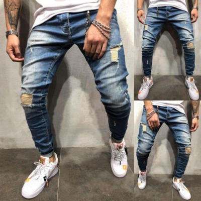 

Mens Stretchy Ripped Skinny Biker Jeans Destroyed Taped Slim Fit Leg Denim Pants