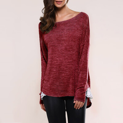 

Nomeni Fashion Women Lace Stitching Asymmetry Long Sleeve T-shirt Blouse Tops
