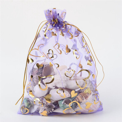 

PH PANDAHALL 100pcs Rectangle MediumPurple 18x13cm Heart Printed Organza Bags