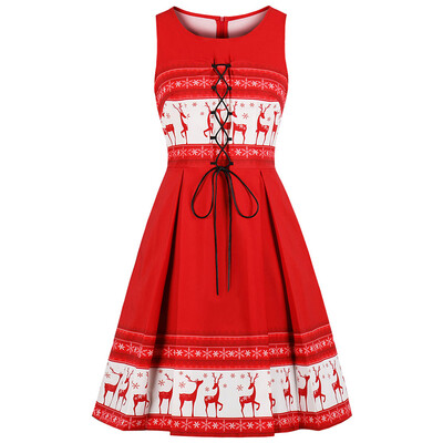 

Christmas Vintage Elk Print Lace Up Flare Dress