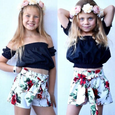 

Summer Kids Baby Girl Flower Ruffle Off Shoulder Crop Tops Shorts Pants Sunsuit Outfit 2Pcs