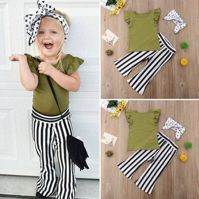

3PCS Kids Baby Girls Clothes Cyan Tops T-shirt Striped Flared Pants Leggings Set