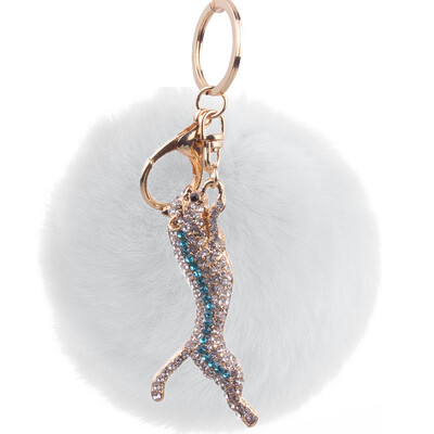 

Rex rabbit hair keychain inlaid colored diamonds small cheetah bag car key ring pendant high quality plush hair ball