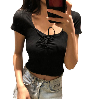 

Womens O Neck Bow Solid Short Sleeve Knitted T-Shirt Summer Sweet Fashion T-Shirt