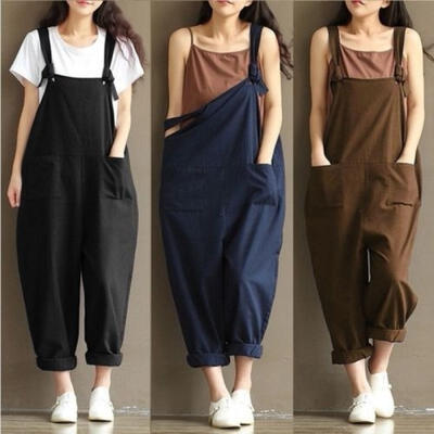 

Women&acutes Casual Loose Linen Pants Cotton Jumpsuit Strap Harem Trousers Overalls