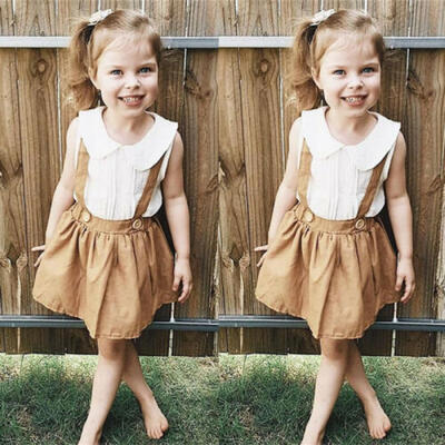 

US Kids Baby Girl Sweet Outfit Clothes Sleeveless Tops Bib Short Pants 2Pcs Set
