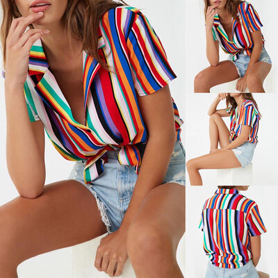 

Roseonmyhand Women V-neck Shirt Casual Short Sleeve T Shirt Ladies Printed Striped Blouse