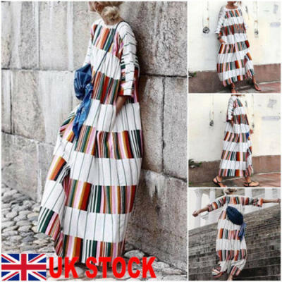 

UK Fashion Women Summer Cocktail Club Party Baggy Loose Striped Long Maxi Dress