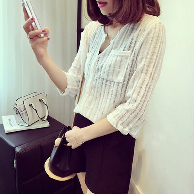 

Women Spring Summer Temperament Solid Color V-neck Cotton And Linen Loose Blouse