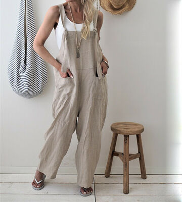 

Womens Casual Loose Linen Cotton Jumpsuit Dungarees Playsuit Trousers Overalls