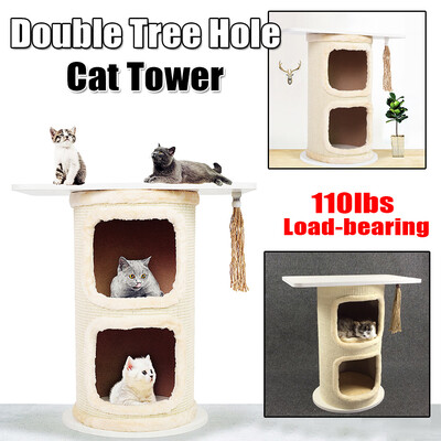 

110Lbs White Double Tree Hole Style Cat Climbing Tree Sisal Barrel Cat Tower