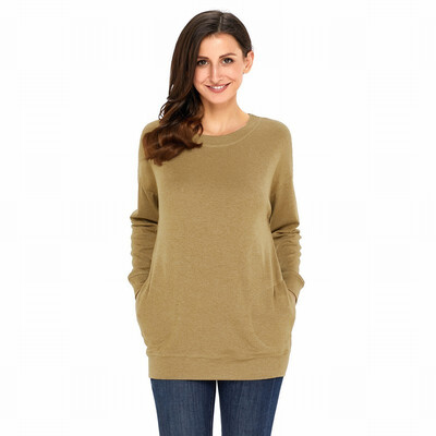 

Solid color round neck long sleeve with pocket bottoming shirt casual simple shirt womens