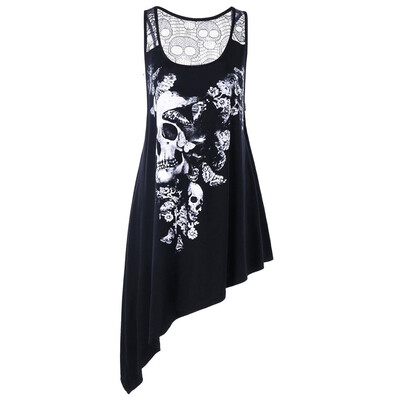 

Roseonmyhand Fashion Women Plus Size U Neck Skull Printed Asymmetric Hollow Out Tank Top Vest