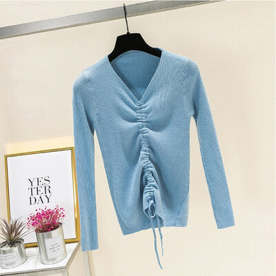 

Casual Womens Long Sleeve V Neck Drawstring Knit Slim Pullover Sweater Tops Warm Basic Winter Sweater Woman 2019