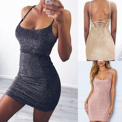 

Women Strappy Glitter Sexy Bodycon Cocktail Evening Party Short Mini Dress