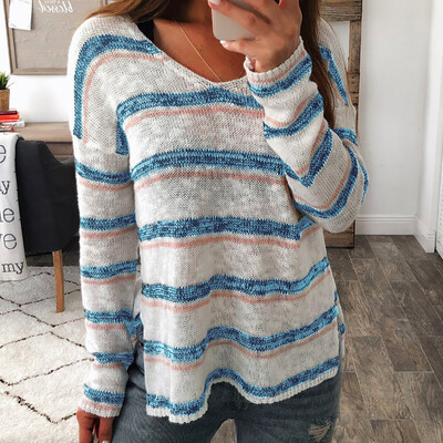 

Nomeni Women Ladies Sexy V-neck Stripe Long Sleeve Pullover Tops Knitting Shirt