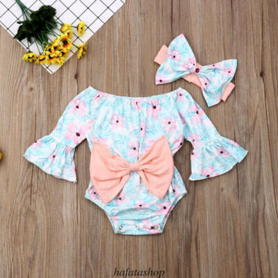 

Newborn Kid Baby Girl Cotton Bell Sleeve Floral Romper Jumpsuit Headband Outfits