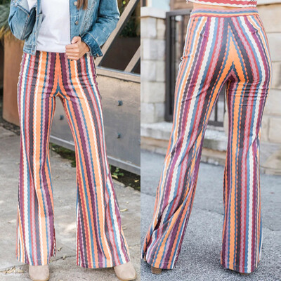 

Fashion Women Ladies Flare Pants Striped Printing Casual Pants Trousers