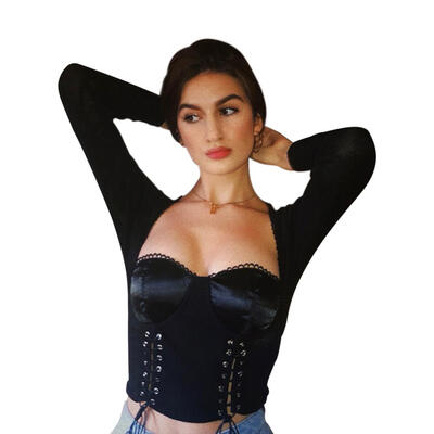 

Sexy Women Bandage Long Sleeve Crop T-shirt Square Neck Casual Hollow Tops
