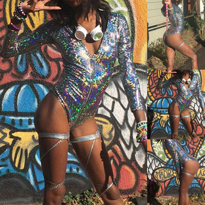 

Starmoon Women Fashion Sexy Zipper Colorful Radiation Long Sleeve Bodysuits Jumpsuit