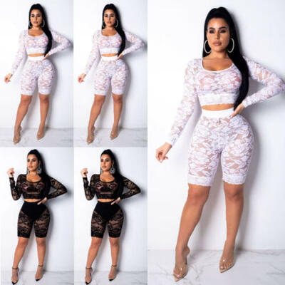 

Women Sexy Long Sleeve See-Through Mesh Fishnet Crop Top T-Shirt & Shorts Set