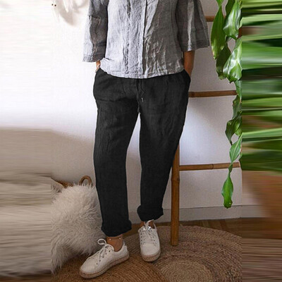 

LadiesPure Color Bandage Pocket Cotton And Linen Casual Trousers And Pants