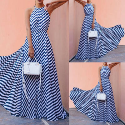 

Frauen-Sommerferien-Strand-langes Maxi Kleid-Streifen-ärmelloses Sommerkleid