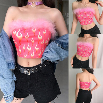 

Nomeni Women Fire Print Tank Top Sexy Reflective Bralet Buckle Tube Top Vest Cami