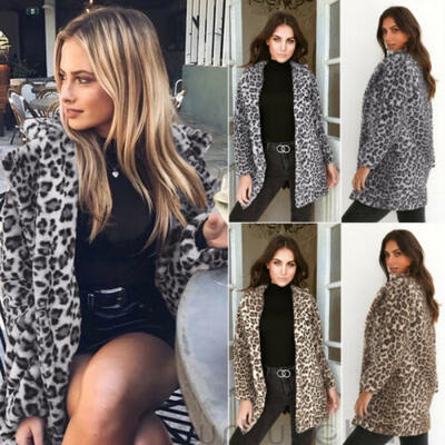 

Women Winter Warm Leopard Print Jacket Coat Faux Fur Outwear Lady Overcoat