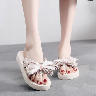 

Rose Fashion Women Slip-on Flip-flops Wedges Heels Causal Bow Slipper Slides Shoes