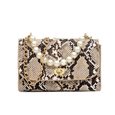 

Snake Print Pearls Shoulder Handbags PU Leather Women Chain Crossbody Bags