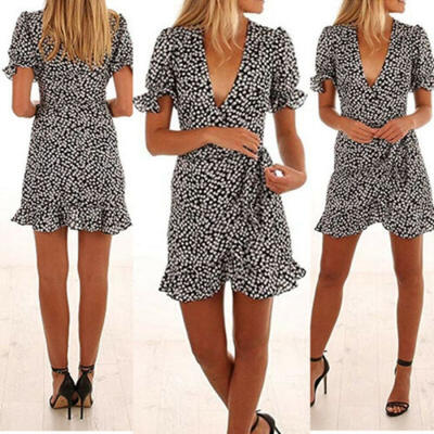 

UK Women Short Sleeve Wrap Boho Floral Mini Dress Ladies Summer Sundress Holiday