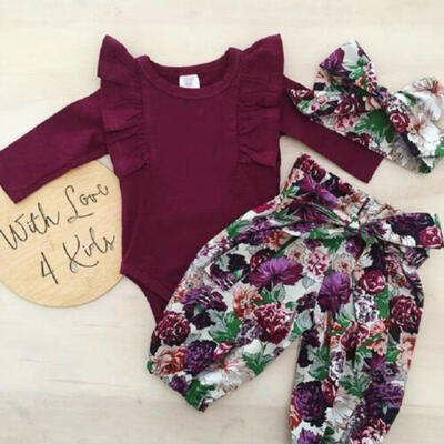 

Canis Newborn Baby Girls Tops Romper Floral Pants Headband Outfits Set Clothes