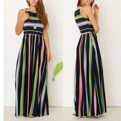 

Womens Stripe Boho Party Evening Beach Dresses Maxi Sundress Sleeveless Tunic T-Shirt Dress with Side Pockets Swing Soft Premium