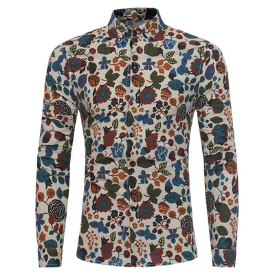 

Cartoon Florals Print Cotton Linen Shirt