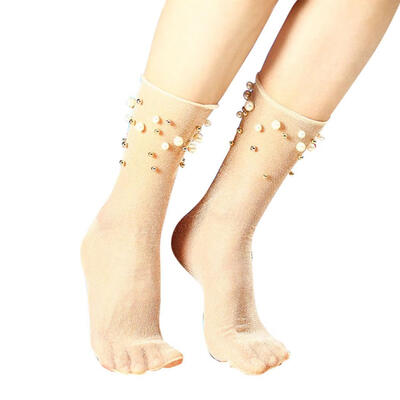 

Sexy Women Faux Pearl Glitter Transparent Ultra Thin Elastic Middle Tube Socks
